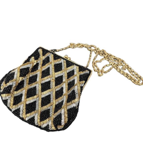 Vintage Beaded Kisslock Purse | Black, Gold & Silver Geometric Design | La Regal - Picture 1 of 6
